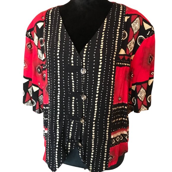 Stacey Michaels Bohemian Blouse: 80s Red Black Geometric Print Tunic, Size 20W - Picture 1 of 9